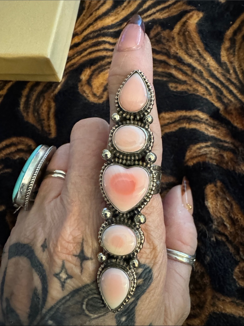 Long crawlerPink conch Shell Multi-Stone Statement Ring - Silver-Tone
